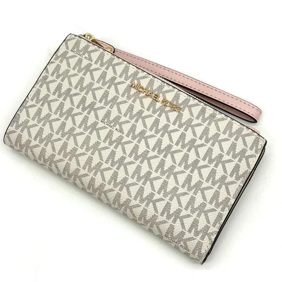 Michael Kors Double Zip Wallet Wristlet Leather Vanilla/ Light Pink - Picture 1 of 9